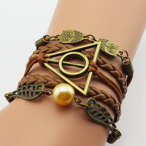 Vintage leather rope harry Deathly Hallows bracelets hand weave multilayer retro potter bracelets for movie fans